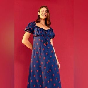 UPDATED! FARM Rio Navy and Red Midi Strawberry Dress
